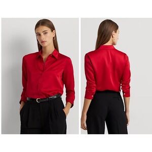 Lauren Ralph Lauren Classic Fit Charmeuse Button Down Shirt L Red Long Sleeve